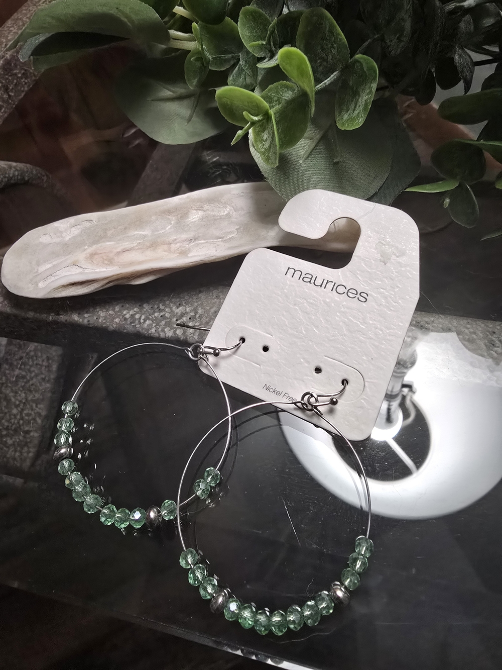 Maurices Silver Hoop Earrings with Light Green Faceted Beads